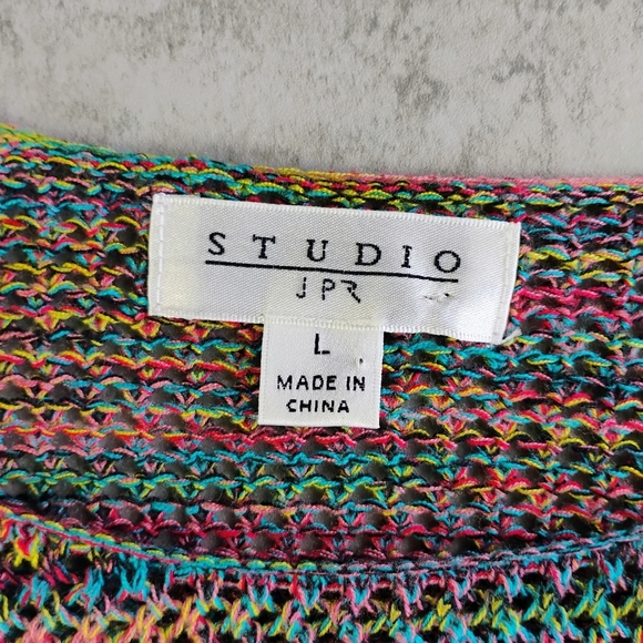 Studio JPR Rainbow Knit Top Womens Large Y2K Colorful Sheer Artsy Casual - Picture 5 of 10